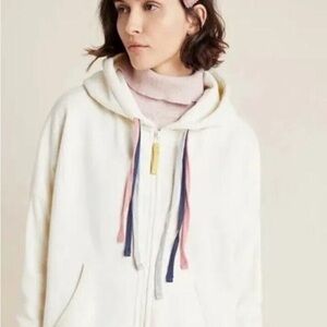 Saturday Sunday Zip Hoodie. Cream Zip-Up Hoodie with Multicolor Drawstrings.
